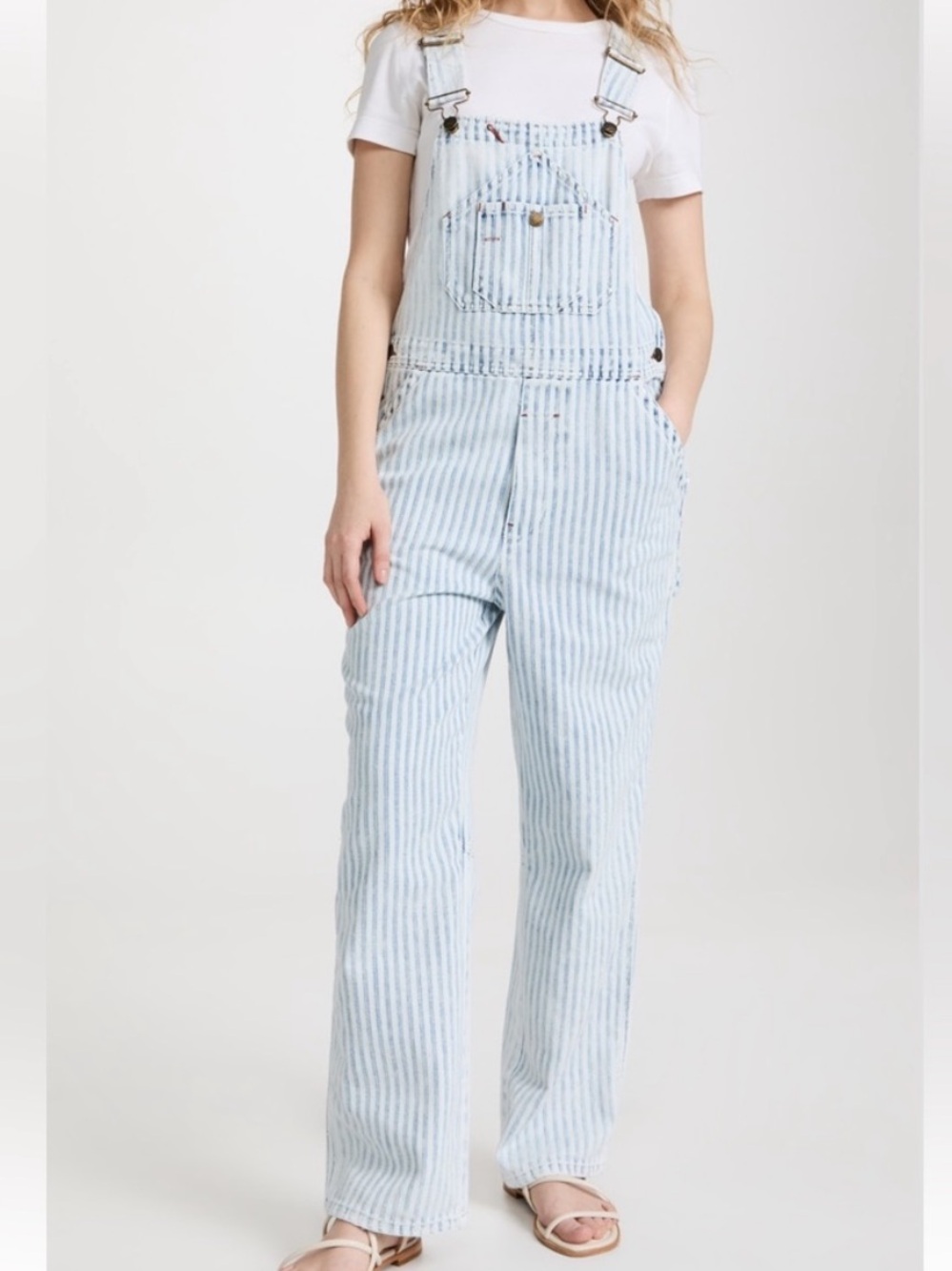 Faherty Light Blue Striped Denim Overalls